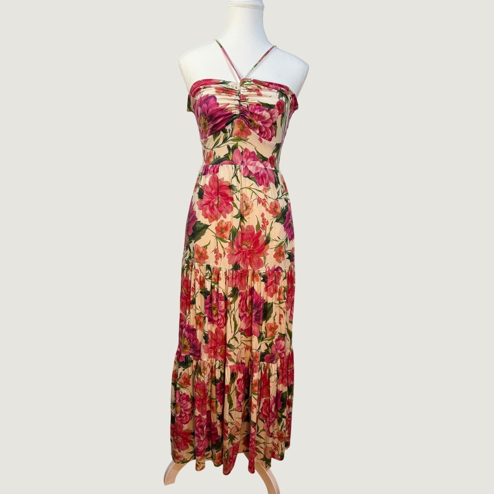 Express Maxi Dress Small Pink Floral Halter Ruched Tiered Open Back Cottagecore